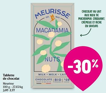 Promoties Tablette de chocolat - Meurisse - Geldig van 11/04/2024 tot 17/04/2024 bij Delhaize