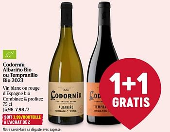 Promoties Codorníu albariño bio ou tempranillo bio 2023 vin blanc ou rouge - Witte wijnen - Geldig van 11/04/2024 tot 17/04/2024 bij Delhaize