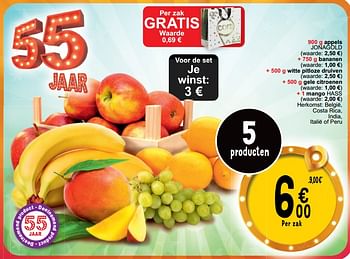 Promotions Appels jonagold + bananen + witte pitloze druiven + gele citroenen + mango - Produit maison - Cora - Valide de 16/04/2024 à 22/04/2024 chez Cora
