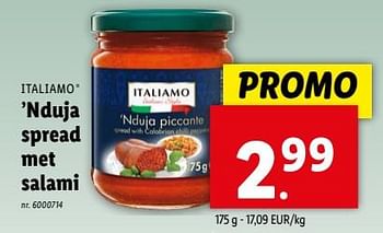 Promotions Nduja spread met salami - Italiamo - Valide de 17/04/2024 à 23/04/2024 chez Lidl
