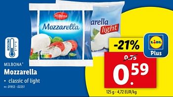Promotions Mozzarella - Milbona - Valide de 17/04/2024 à 23/04/2024 chez Lidl