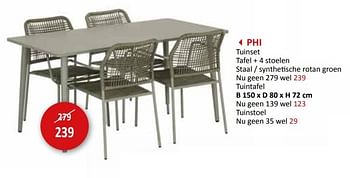 Promoties Phi tuinset tafel + 4 stoelen - Huismerk - Weba - Geldig van 27/03/2024 tot 16/05/2024 bij Weba