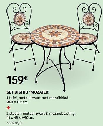 Promotions Set bistro mozaiek 1 tafel metaal zwart met mozaïkblad + 2 stoelen metaal zwart + mozaïek zitting - Produit Maison - HandyHome - Valide de 04/04/2024 à 30/06/2024 chez HandyHome