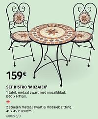 Set bistro mozaiek 1 tafel metaal zwart met mozaïkblad + 2 stoelen metaal zwart + mozaïek zitting-Huismerk - HandyHome