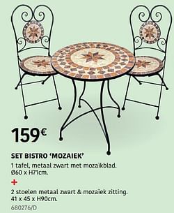 Set bistro mozaiek 1 tafel metaal zwart met mozaïkblad + 2 stoelen metaal zwart + mozaïek zitting