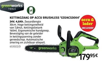 Promotions Greenworks kettingzaag op accu brushless gd24cs30k4 - Greenworks - Valide de 04/04/2024 à 30/06/2024 chez HandyHome