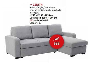 Promotions Zenith salon d’angle - canapé-lit - Produit maison - Weba - Valide de 27/03/2024 à 16/05/2024 chez Weba