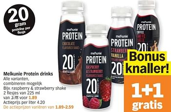 Promoties Melkunie protein drinks raspberry + strawberry shake - Melkunie - Geldig van 15/04/2024 tot 21/04/2024 bij Albert Heijn