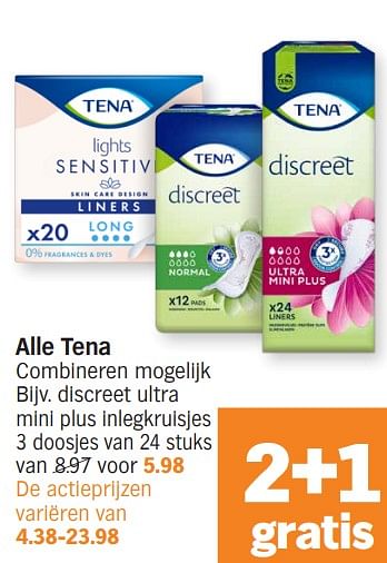 Promoties Discreet ultra mini plus inlegkruisjes - Tena - Geldig van 15/04/2024 tot 21/04/2024 bij Albert Heijn