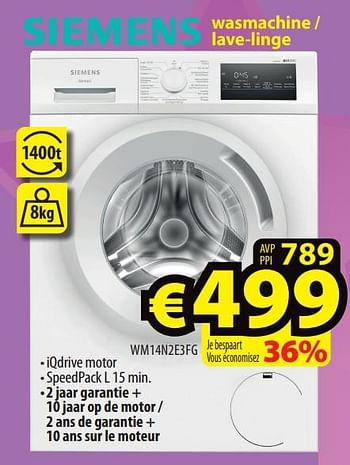Promoties Siemens wasmachine - lave-linge wm14n2e3fg - Siemens - Geldig van 17/04/2024 tot 24/04/2024 bij ElectroStock