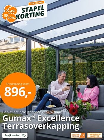 Promoties Gumax excellence terrasoverkapping - Huismerk - Tuinmaximaal - Geldig van 13/04/2024 tot 29/04/2024 bij Tuinmaximaal