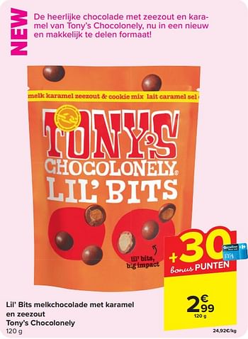 Promotions Lil`bits melkchocolade met karamel en zeezout tony`s chocolonely - Tony's Chocolonely - Valide de 17/04/2024 à 29/04/2024 chez Carrefour
