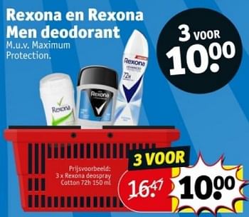 Promotions Rexona deospray cotton 72h - Rexona - Valide de 16/04/2024 à 21/04/2024 chez Kruidvat