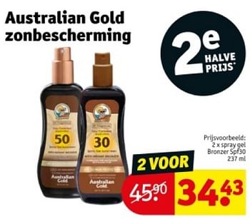 Promotions Spray gel bronzer spf30 - Australian Gold - Valide de 16/04/2024 à 21/04/2024 chez Kruidvat
