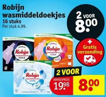 Promotions Robijn wasmiddeldoekjes - Robijn - Valide de 16/04/2024 à 21/04/2024 chez Kruidvat