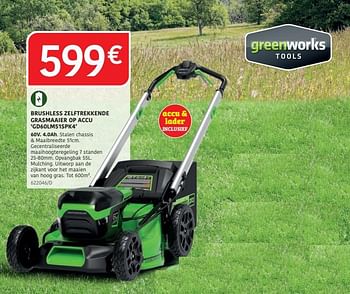 Promoties Greenworks brushless zelftrekkende grasmaaier op accu gd60lm51spk4 - Greenworks - Geldig van 04/04/2024 tot 30/06/2024 bij HandyHome