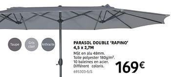 Promotions Parasol double rapino - Produit Maison - HandyHome - Valide de 04/04/2024 à 30/06/2024 chez HandyHome