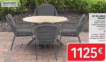 Promotions Set de jardin edison 1 table ronde + 4 chaises triton - Garden Impressions - Valide de 04/04/2024 à 30/06/2024 chez HandyHome