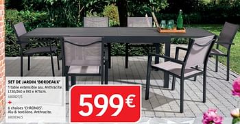 Promotions Set de jardin bordeaux 1 table extensible alu + 6 chaises chronos - Produit Maison - HandyHome - Valide de 04/04/2024 à 30/06/2024 chez HandyHome