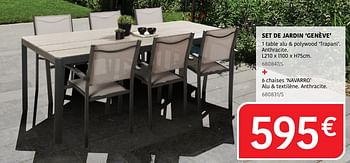 Promoties Set de jardin genève 1 table alu + polywood trapani + 6 chaises navarro - Huismerk - HandyHome - Geldig van 04/04/2024 tot 30/06/2024 bij HandyHome