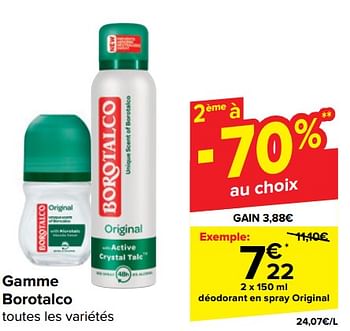 Promoties Déodorant en spray original - Borotalco - Geldig van 10/04/2024 tot 22/04/2024 bij Carrefour