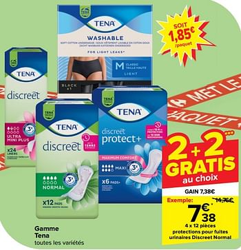 Promotions Protections pour fuites urinaires discreet normal - Tena - Valide de 10/04/2024 à 22/04/2024 chez Carrefour