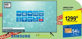 Promotions Samsung téléviseur led ue85cu7100 - Samsung - Valide de 10/04/2024 à 22/04/2024 chez Carrefour