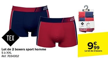 Promoties Lot de 2 boxers sport homme - Tex - Geldig van 10/04/2024 tot 22/04/2024 bij Carrefour