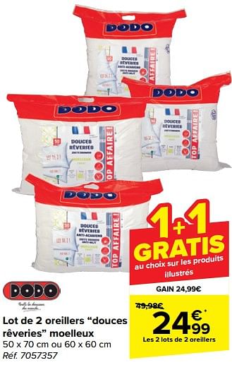 Promoties Lot de 2 oreillers douces rêveries moelleux - DoDo - Geldig van 10/04/2024 tot 22/04/2024 bij Carrefour