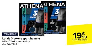 Promoties Lot de 3 boxers sport homme - Athena - Geldig van 10/04/2024 tot 22/04/2024 bij Carrefour