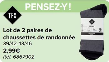 Promoties Lot de 2 paires de chaussettes de randonnée - Tex - Geldig van 10/04/2024 tot 22/04/2024 bij Carrefour