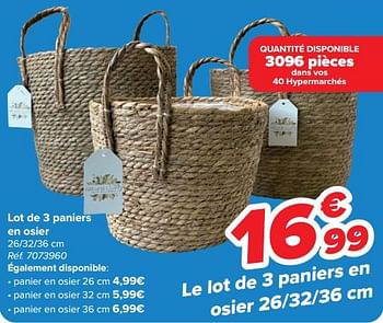 Promoties Lot de 3 paniers en osier - Huismerk - Carrefour  - Geldig van 10/04/2024 tot 22/04/2024 bij Carrefour