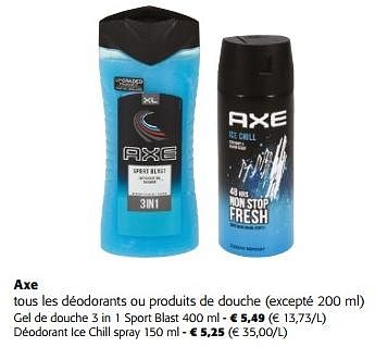 Promoties Axe tous les déodorants ou produits de douche - Axe - Geldig van 10/04/2024 tot 23/04/2024 bij Colruyt