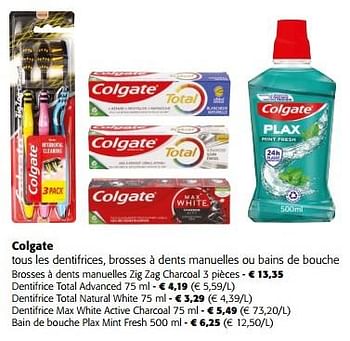 Promoties Colgate tous les dentifrices, brosses à dents manuelles ou bains de bouche - Colgate - Geldig van 10/04/2024 tot 23/04/2024 bij Colruyt