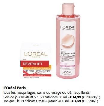 Promoties L`oréal paris tous les maquillages, soins du visage ou démaquillants - L'Oreal Paris - Geldig van 10/04/2024 tot 23/04/2024 bij Colruyt