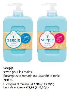 Promotions Seepje savon pour les mains eucalyptus et romarin ou lavande et tonka - Seepje  - Valide de 10/04/2024 à 23/04/2024 chez Colruyt