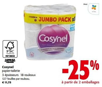 Promotions Cosynel papier-toilette 3 épaisseurs 18 rouleaux - Cosynel - Valide de 10/04/2024 à 23/04/2024 chez Colruyt
