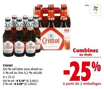 Promoties Cristal 0,0 % vol bière sans alcool ou ou xtra pils - Cristal - Geldig van 10/04/2024 tot 23/04/2024 bij Colruyt