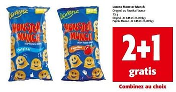 Promotions Lorenz monster munch original ou paprika flavour - Lorenz Monster Munch - Valide de 10/04/2024 à 23/04/2024 chez Colruyt