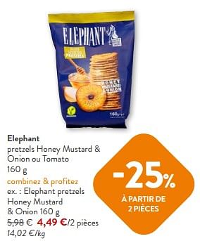 Promotions Elephant pretzels honey mustard + onion - Elephant - Valide de 10/04/2024 à 23/04/2024 chez OKay
