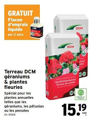 Promoties Terreau dcm géraniums + plantes fleuries - DCM - Geldig van 10/04/2024 tot 23/04/2024 bij Gamma