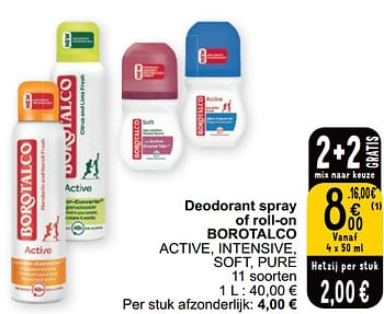 Promotions Deodorant spray of roll-on borotalco active, intensive, soft, pure - Borotalco - Valide de 16/04/2024 à 22/04/2024 chez Cora