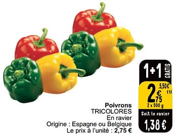 Promotions Poivrons tricolores - Produit maison - Cora - Valide de 16/04/2024 à 22/04/2024 chez Cora