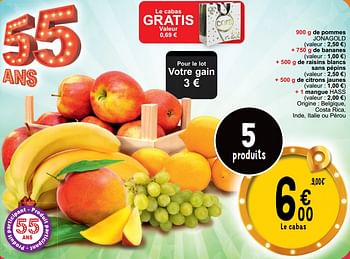 Promotions Pommes jonagold + bananes + raisins blancs sans pépins + citrons jaunes + mangue hass - Produit maison - Cora - Valide de 16/04/2024 à 22/04/2024 chez Cora