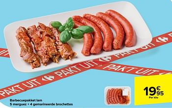 Promotions Barbecuepakket lam 5 merguez + 4 gemarineerde brochettes - Produit maison - Carrefour  - Valide de 17/04/2024 à 29/04/2024 chez Carrefour