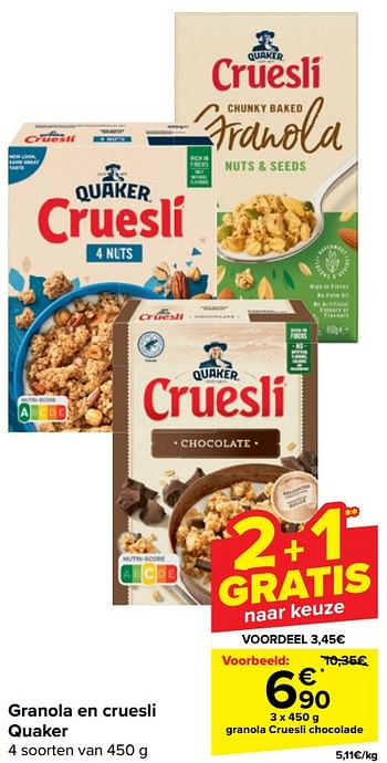 Promotions Granola cruesli chocolade - Quaker - Valide de 17/04/2024 à 29/04/2024 chez Carrefour