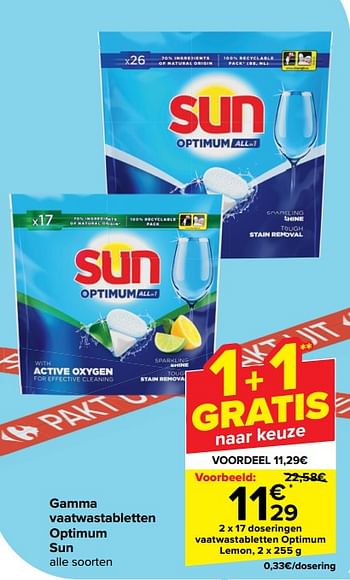 Promotions Vaatwastabletten optimum lemon - Sun - Valide de 17/04/2024 à 29/04/2024 chez Carrefour