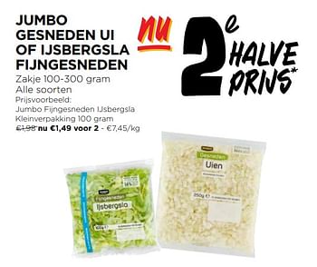 Promotions Jumbo fijngesneden ijsbergsla kleinverpakking - Produit Maison - Jumbo - Valide de 17/04/2024 à 23/04/2024 chez Jumbo