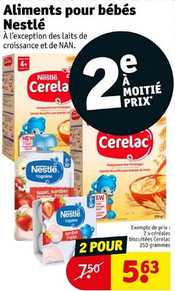 Promoties Aliments pour bébés nestlé céréales biscuitées cerelac - Nestlé - Geldig van 16/04/2024 tot 21/04/2024 bij Kruidvat