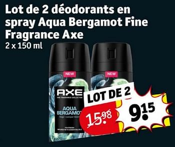 Promoties Lot de 2 déodorants en spray aqua bergamot fine fragrance axe - Axe - Geldig van 16/04/2024 tot 21/04/2024 bij Kruidvat